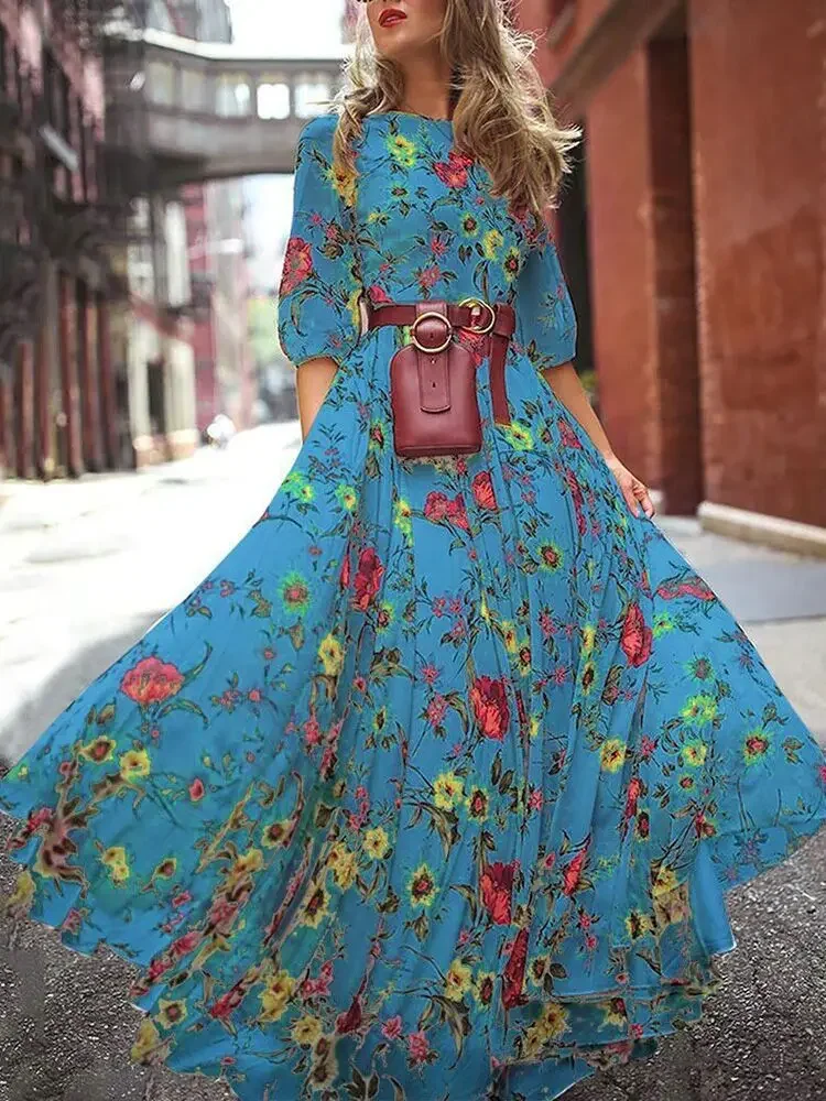 Spring Elegant Floral Print Maxi Dress Women Casual 3/4 Sleeves O-neck Slim Boho Party Long Dresses Robe Femme Beltless