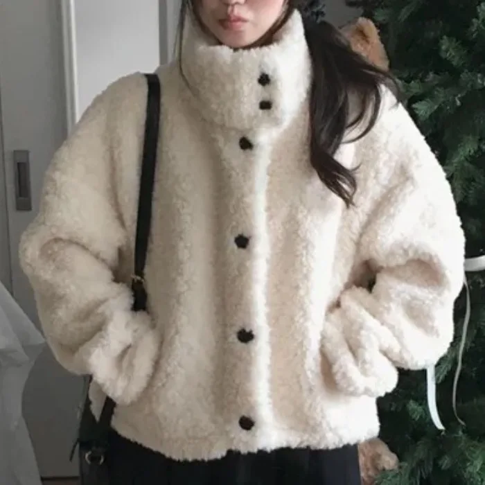 أنيقة الخريف الشتاء ort معطف فرو الضأن الدافئة الوقوف طوق كلية Sle المرأة ملابس خارجية تصميم الرجعية مكافحة الشيخوخة العصرية