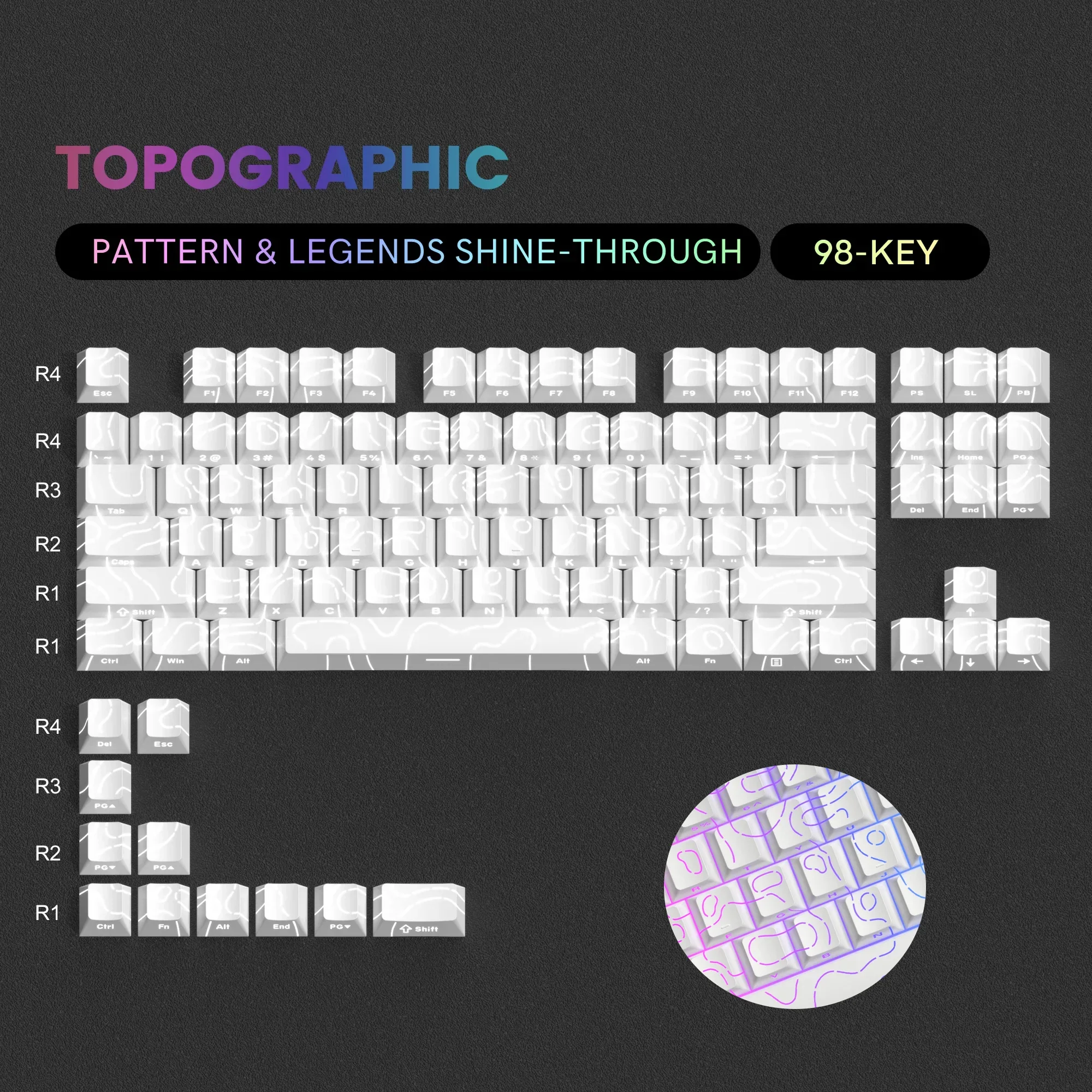 98 Key White Topographic 4.0 PBT Keycaps Double Shot Side Print Shine Through Backlit key caps For MX Gamer Mechanical Keyboard
