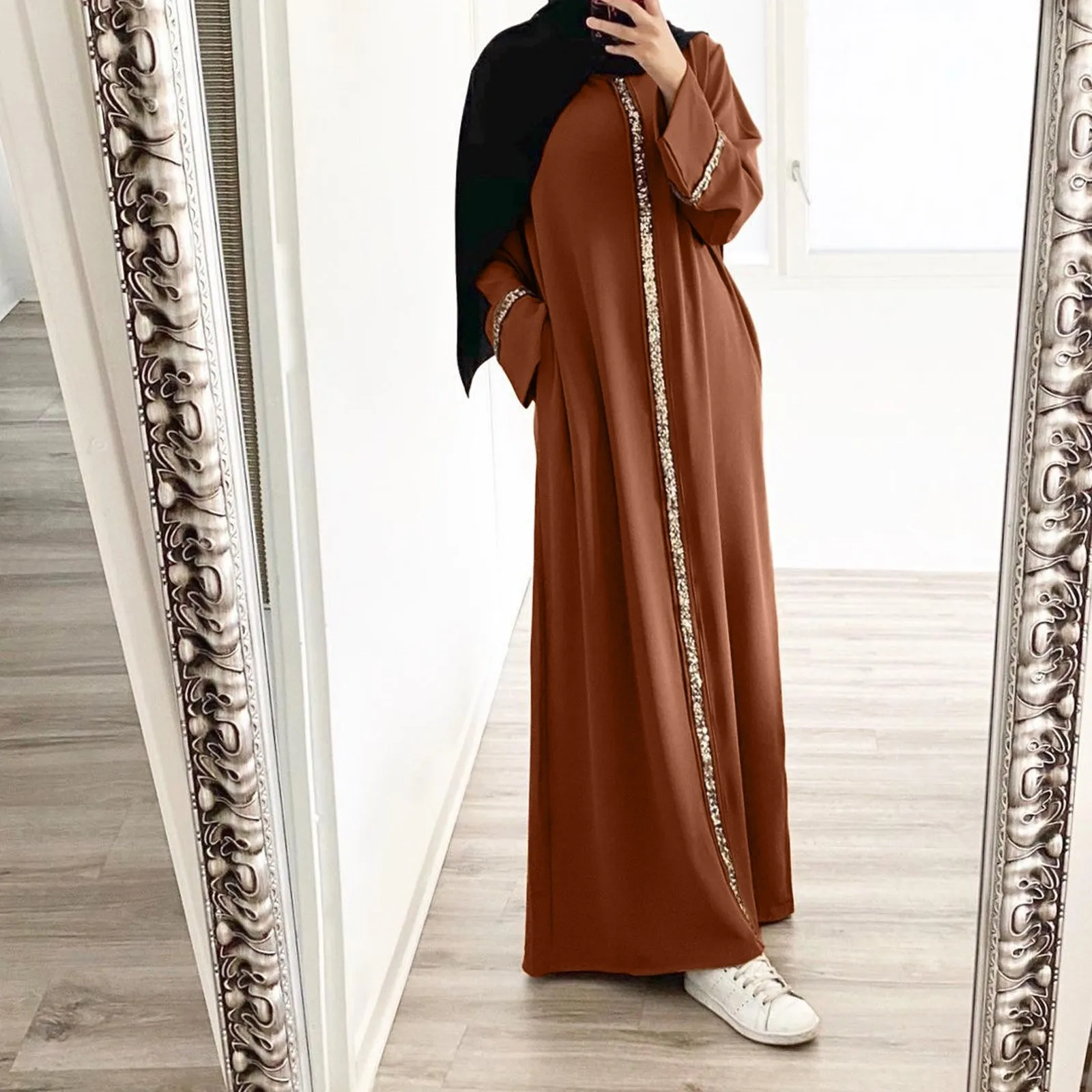 Sequins Women\'s Hijab Dress Ramadan Saudi Arabia Turkey Dress Long Sleeved Loose Kebaya Robe Prayer Clothes Islam Clothing