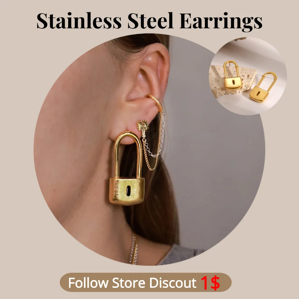 Stainless Steel Lock Earrings Plated 18k Gold Color Non Tarnish Waterproof Trendy Jewelry Earrings For Women Gift