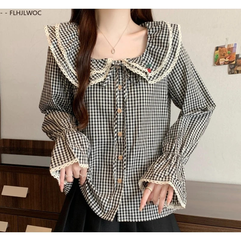 Lose Kleidung Peter Pan Kragen Tops Blusen Herbst Frau Flare Langarm Retro Vintage Fliege Tops Casual Nette Plaid Shirts