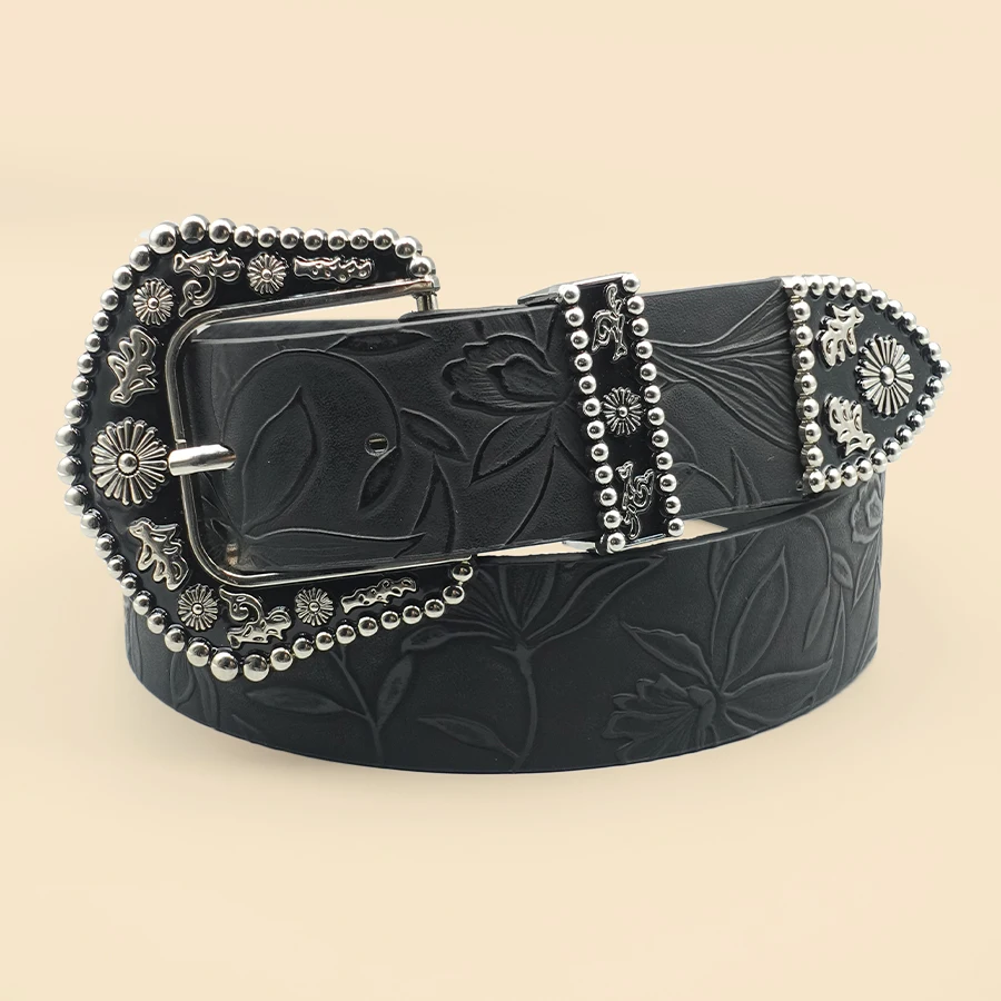 حزام نسائي غربي أنيق عتيق - إبزيم منحوت أسود عصري مع طباعة أوراق رقيقة، زخرفة كلاسيكية غير رسمية