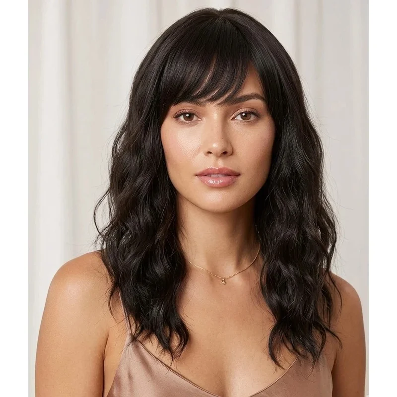 Real Human Hair New Fashion Gorgeous Natural Dark Brown Wavy Women039 s Wigs 16 In