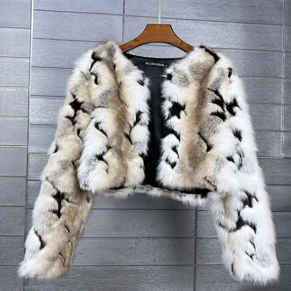 혼 버튼 숏 인조 여우털 코트 여성 겨울 플러피 재킷 레오파드 프린트 플러시 퍼 코트 플립 칼라 여성 아우터웨어 2024