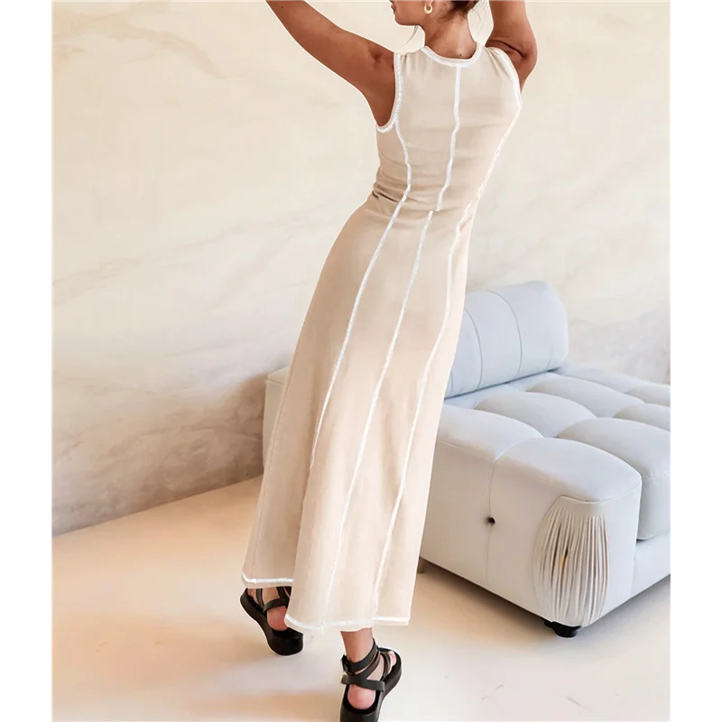 เดรสเสื้อยืดแขนกุดผู้หญิง A09P สำหรับฤดูร้อน ผ้าถักลายริบตัดสี ทรงแม็กซี่