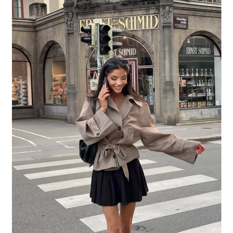 Women Vintage Check Cropped Trench Coat Lapel Double Breasted Belted Waist Long Sleeve Plaid Windbreaker Autumn Casual Outerwear