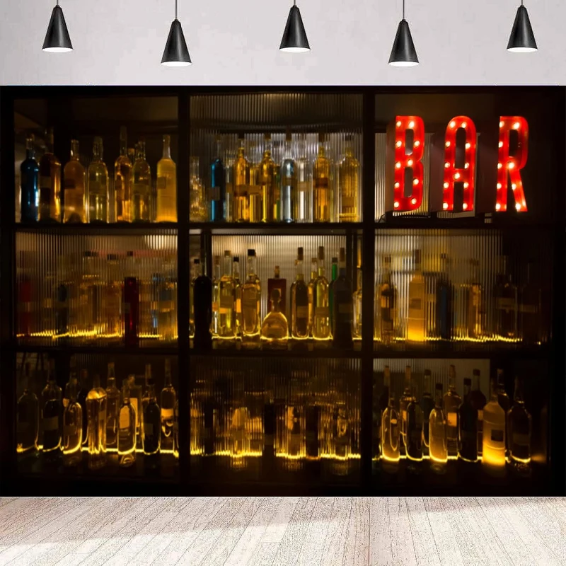 Bar Wine Shelf Photography Backdrop Cafe Restaurant Pub Bar Alcohol Bottles Drinks Dark Lights Nightlife Party Background Wall