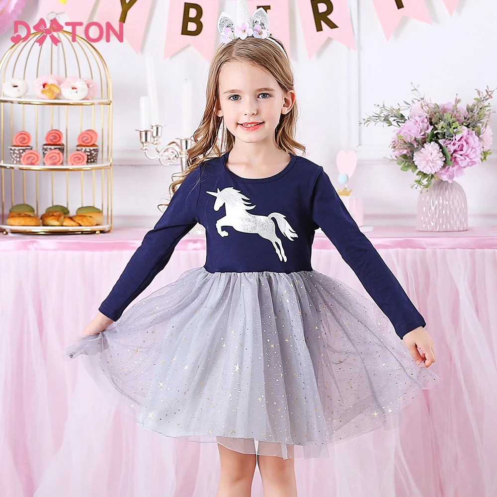 

DXTON Cartoon Kids Dresses For Girls Winter Long Sleeve Princess Tulle Dress Unicron Print Blingbling Baby Girls Casual Clothing