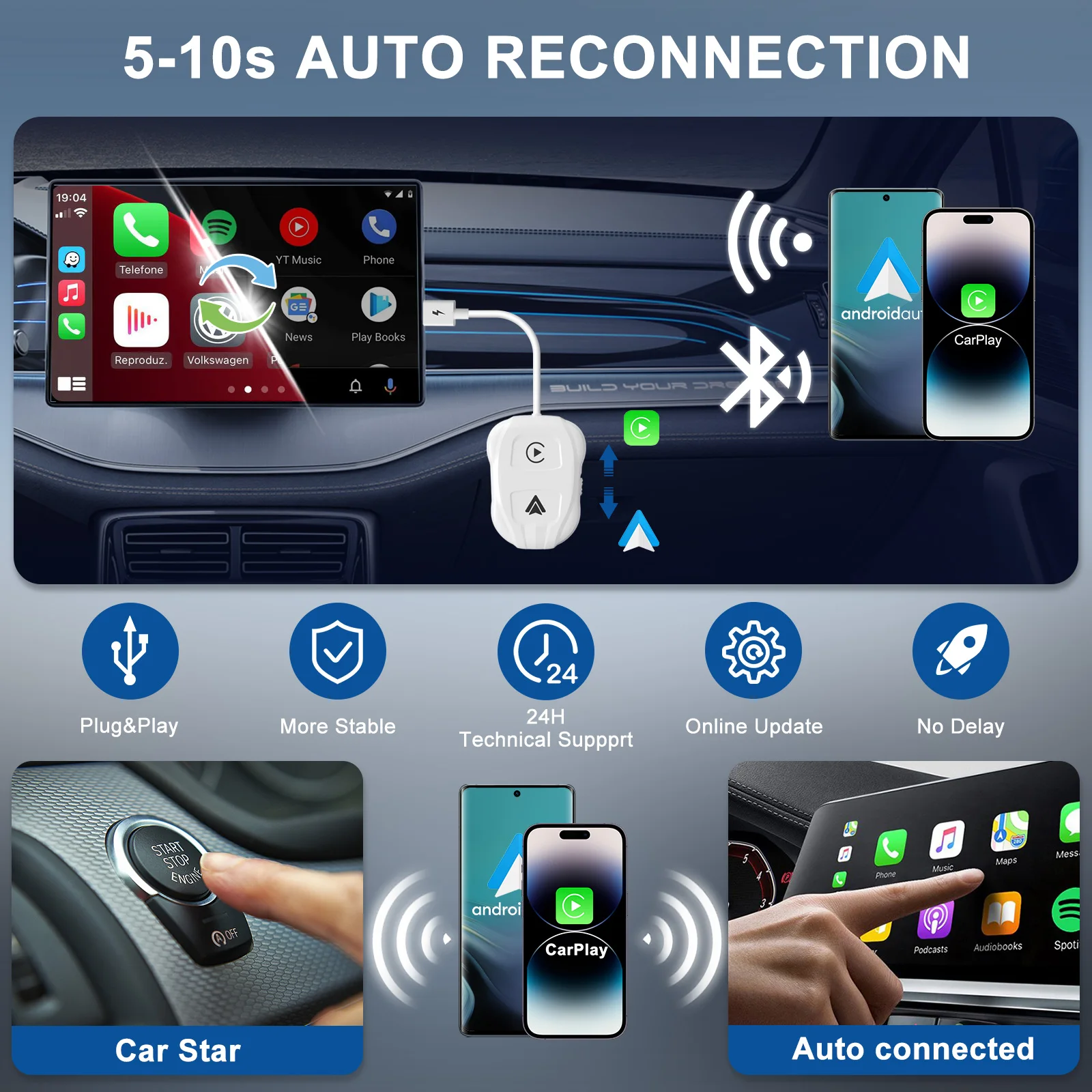 2-in-1 Wireless CarPlay Adapter for Android/Apple Wired To CarPlay Wireless Car Adapter WiFi Dongle Plug and Play USB Connected