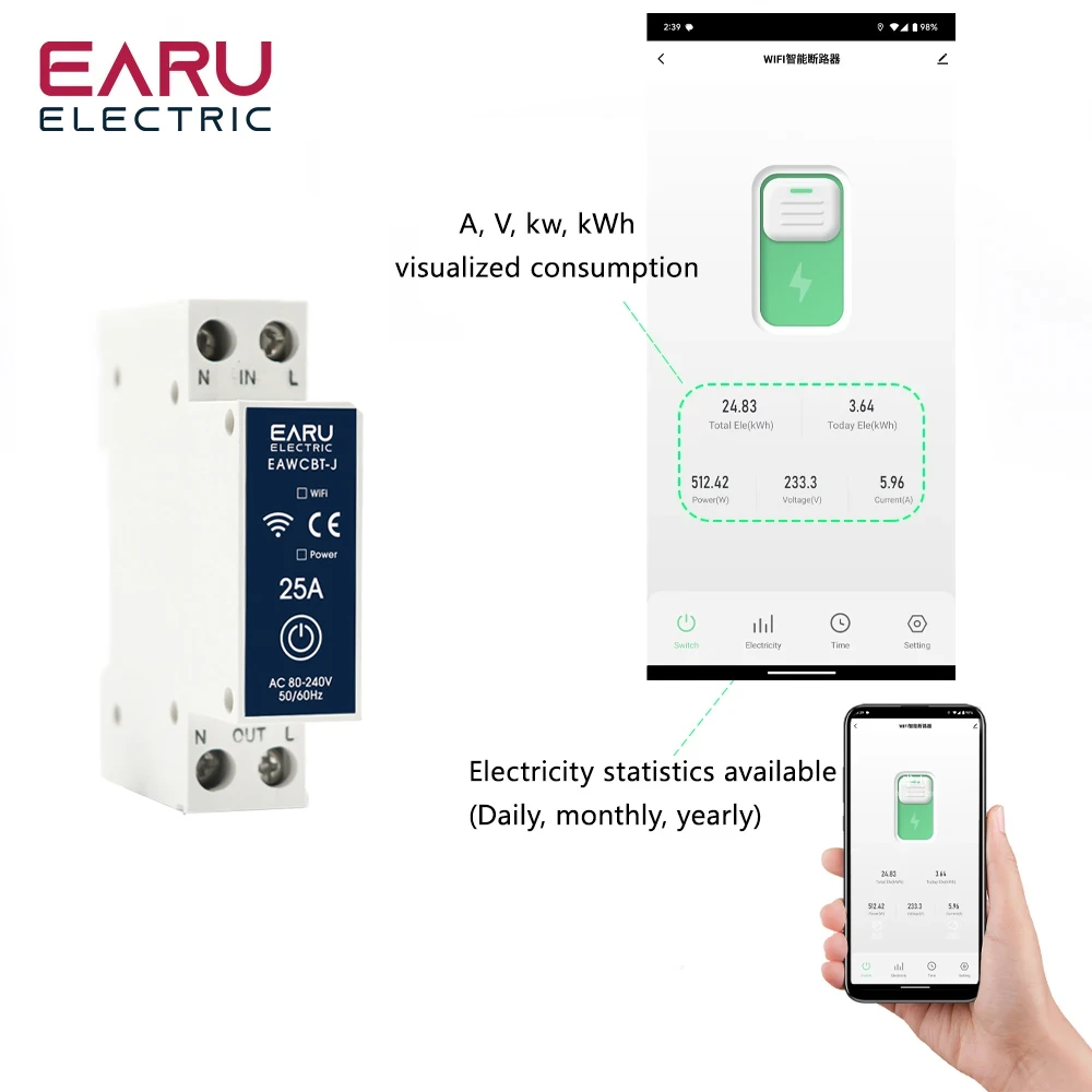 Tuya WiFi Smart Circuit Breaker MCB Timer Relay 1P+N 63A Power Energy kWh Voltage Current Meter Voice Remote Control Switch Home