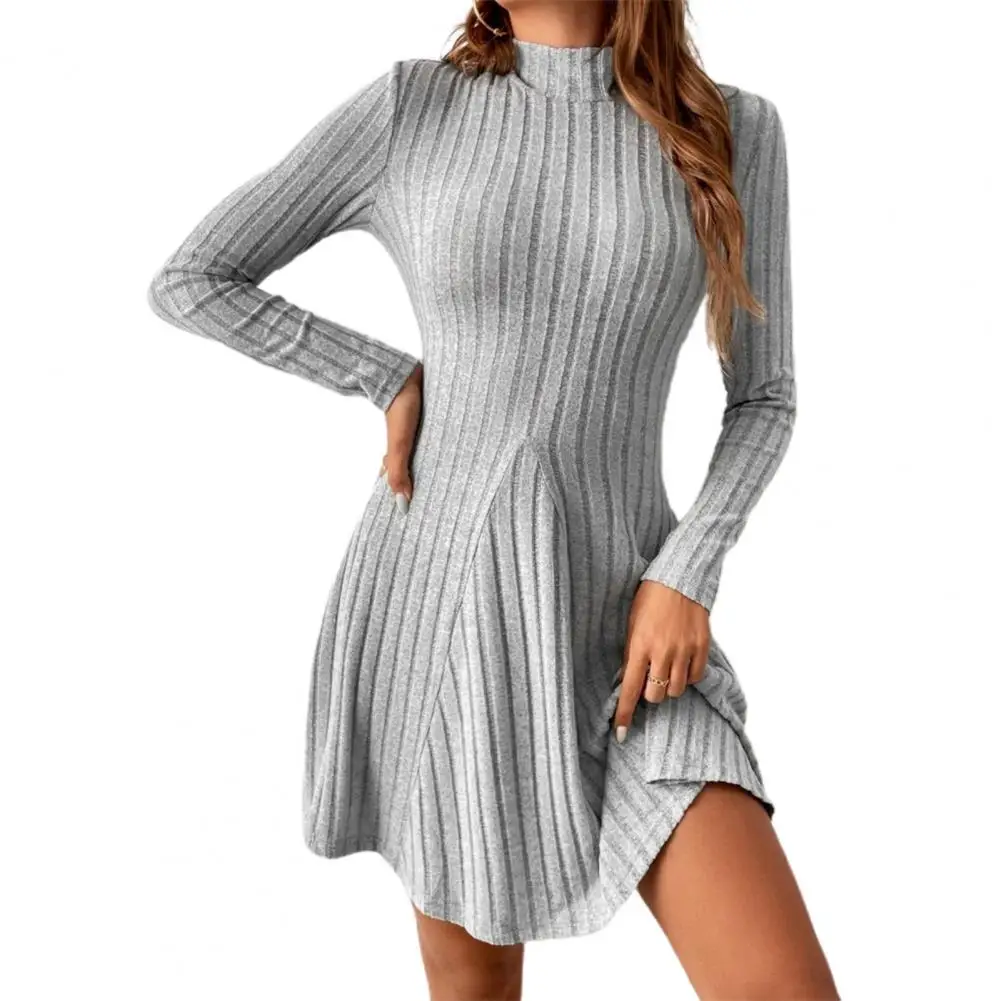 

Autumn Winter Solid Color Knitting Dress Women Half High Collar Long Sleeve Mini Dress Slim Fit Loose Hem Ribbed Knitted Dress