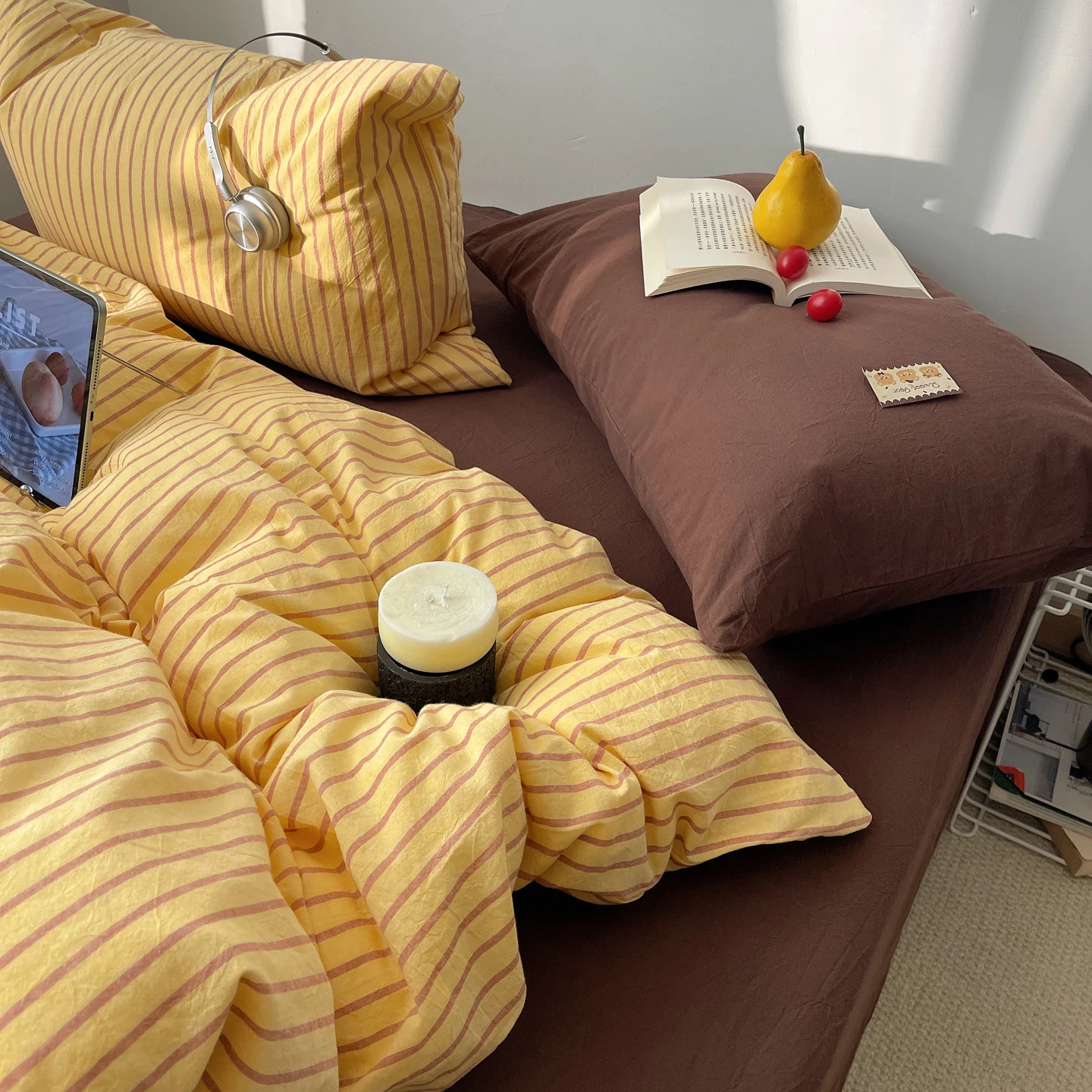 Fujishop Color Woven Mixed Wash Cotton Quilt Cover Sheet Duvet Cover Three Piece Set Pure Cotton Soft All Season Bedding Set