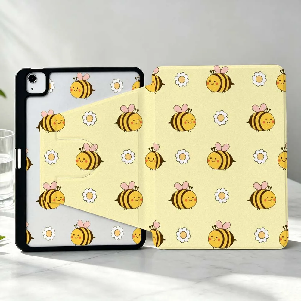 Cute Cartoon Bee For iPad Pro Air mini 6 5 4 12th M5 M4 M3 M2 A16 A17Pro 360° Rotation Stylus Storage Tablet Case
