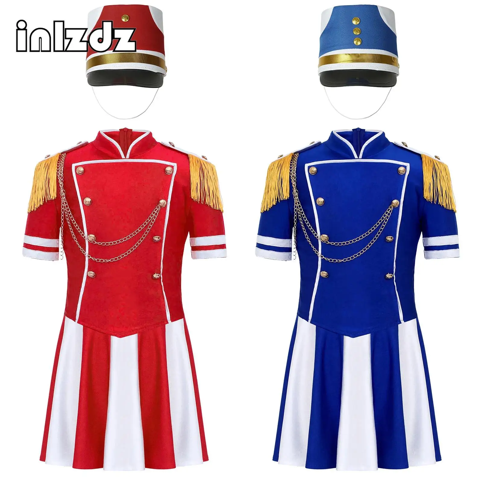 Costume de majorette de tambour pour filles, 3 pièces, uniforme d'équipe de groupe de marche, haut à manches courtes, jupe, ensemble de chapeaux pour Halloween, carnaval, fête Cosplay