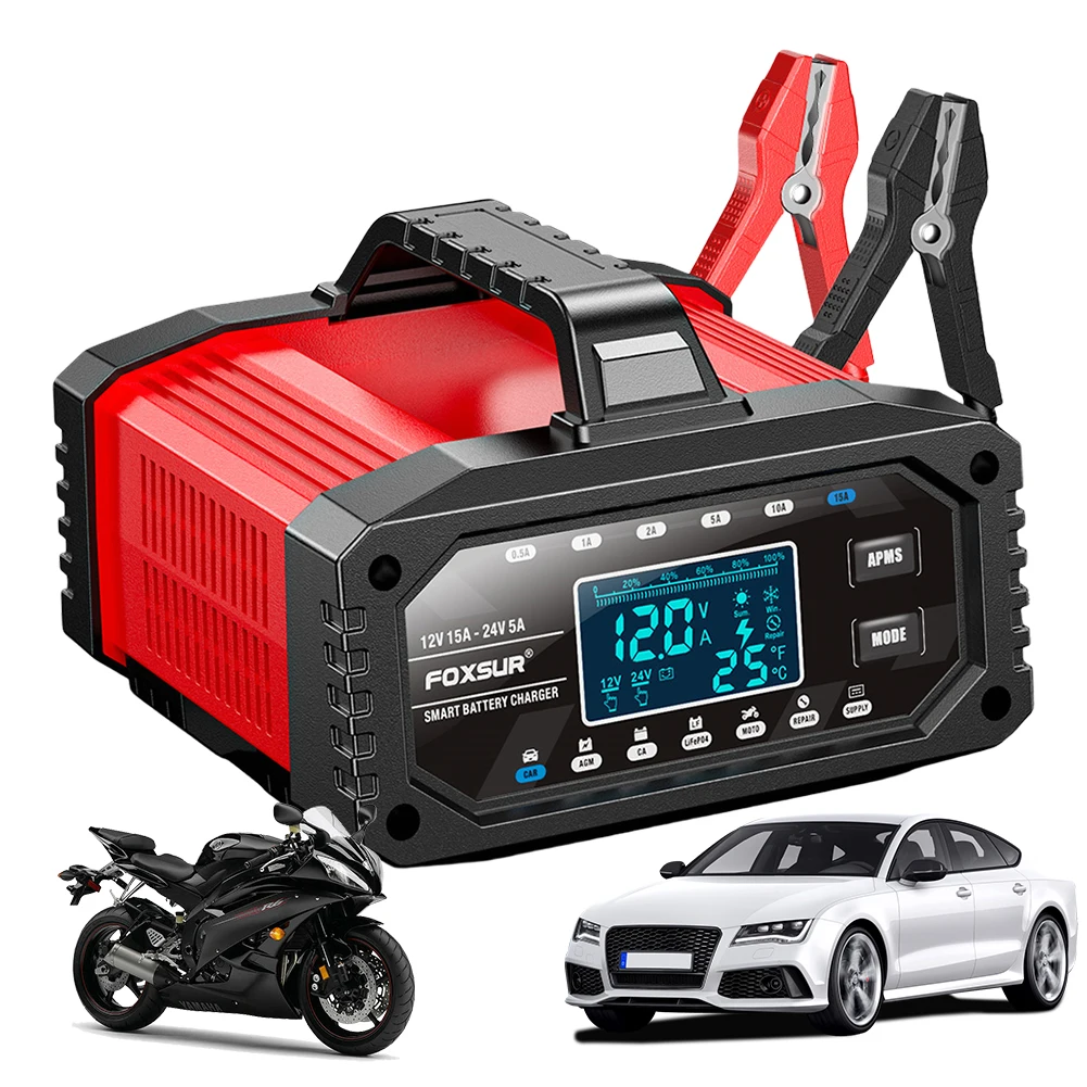 

15A 12V 24V Car Battery Charger Car Booster LCD Display Smart Charger for Car Truck Boat RV ATV AGM LiFePo4 Batteries