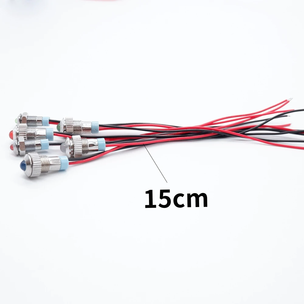 ไฟแสดงสถานะโลหะ LED ขนาด 8 มม. 100 ชิ้น พร้อมสายไฟ 3V 5V 12V 24V 110V 220V สีแดง เหลือง น้ำเงิน เขียว ขาว
