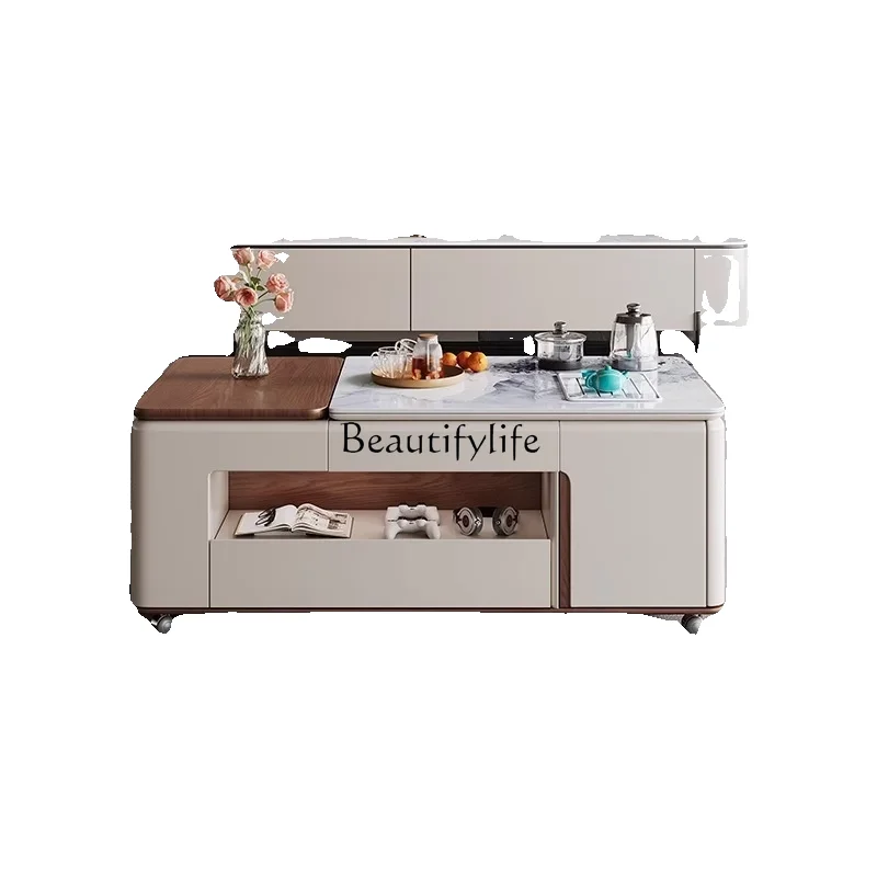 

Multifunctional lifting coffee table Modern simple and advanced movable tea making integrated solid wood rock slab tea table