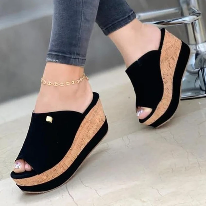 Slippers Summer Clogs Wedges  Retro Fish Mouth Large Size Sandals Women High Heel Platform Solid Color Plus Size Shoes Sandalias