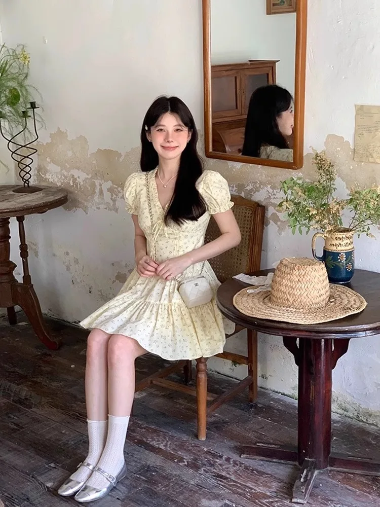 Vestidos de manga corta para mujer, quinceañera azul, primavera, satén, lazo, cintura fruncida, volantes, corte en A, fajas dulces, ajustado, bonito Kawaii