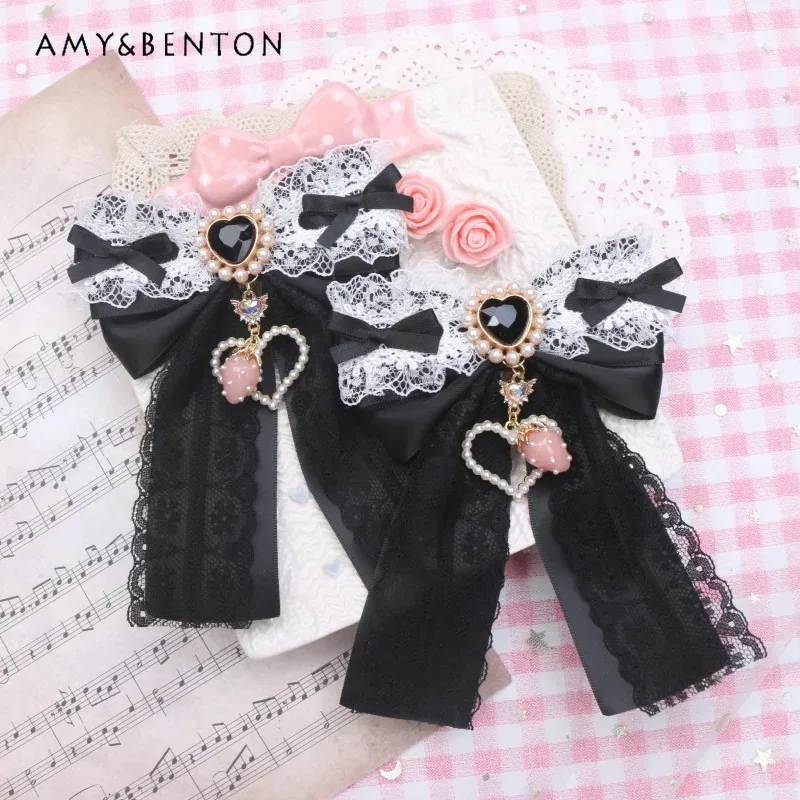 

25COSиндивидуальные японские кружевные подвески ручной работы в форме сердца со стразами, милые заколки для волос, кавайный бант, бант для волос, аксессуары для волос в стиле Лолиты