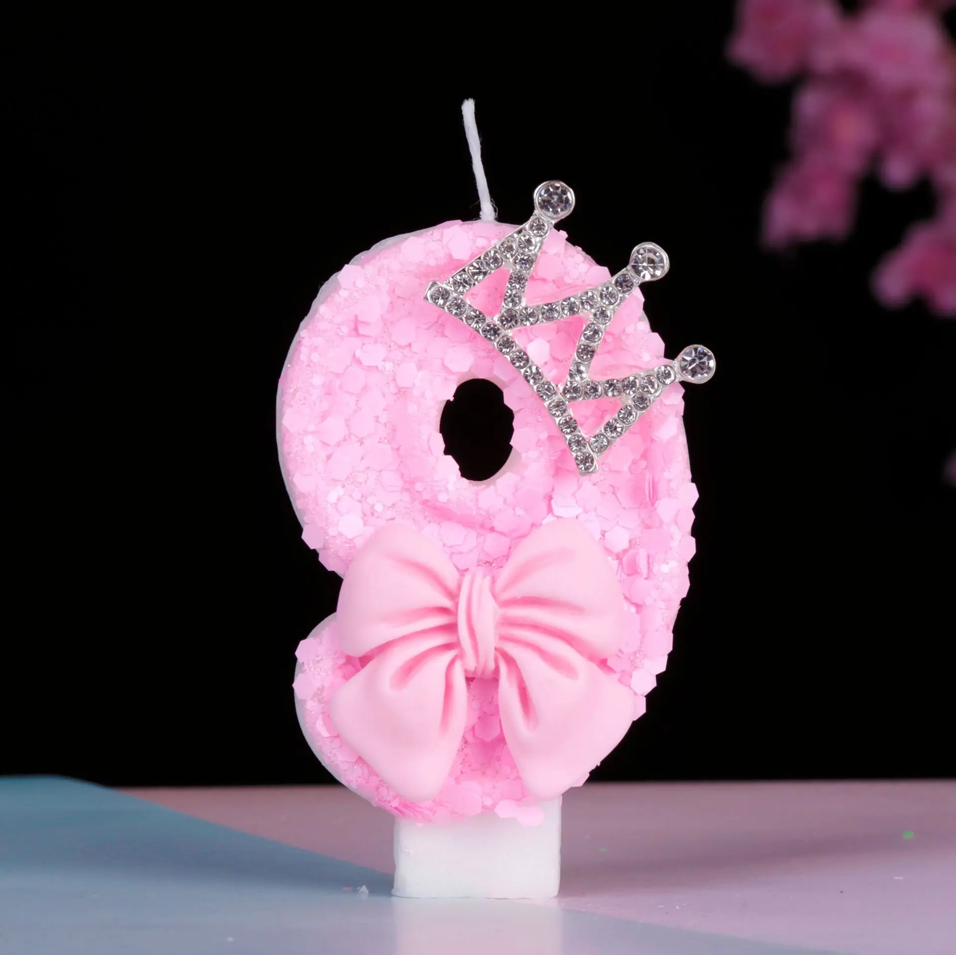 Rosa Zahlen-Geburtstagskerze mit Krone & Schleife, Glitzer 0-9 Digitaler Kuchenaufsatz für Prinzessinnen-Mädchen Kindergeburtstags-Partydekoration S – Detail 11