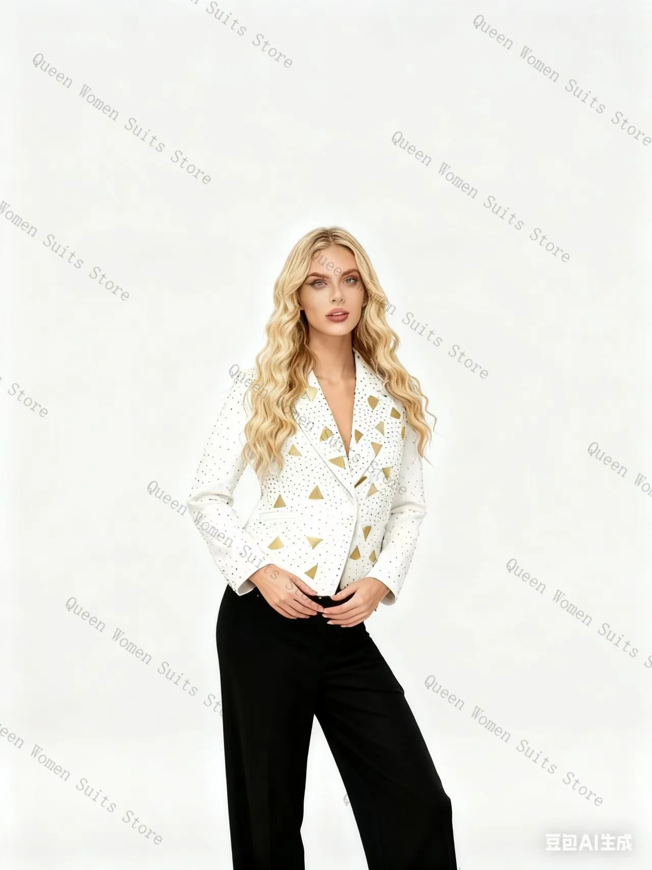 

White Crystals Women Suit Set 2 Pcs Blazer+Black Pants Trousers Cotton Formal Office Lady Jacket Wedding Prom Coat Customized