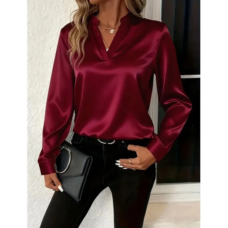 Simples elegante camisa feminina primavera outono cetim cor sólida com decote em v manga comprida camisa solta blusa deslocamento para roupas femininas
