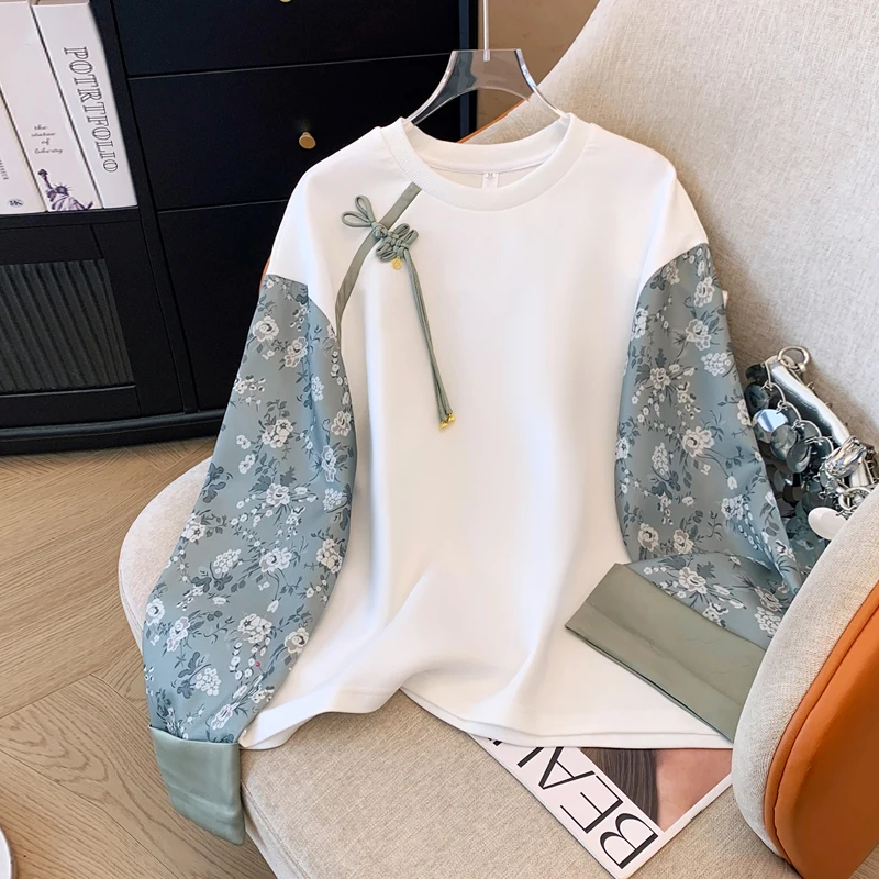 

Новый свободный длинный свитшот в китайском стиле с вышивкой в стиле пэчворк, женский осенний элитный винтажный топ больших размеров, футболка