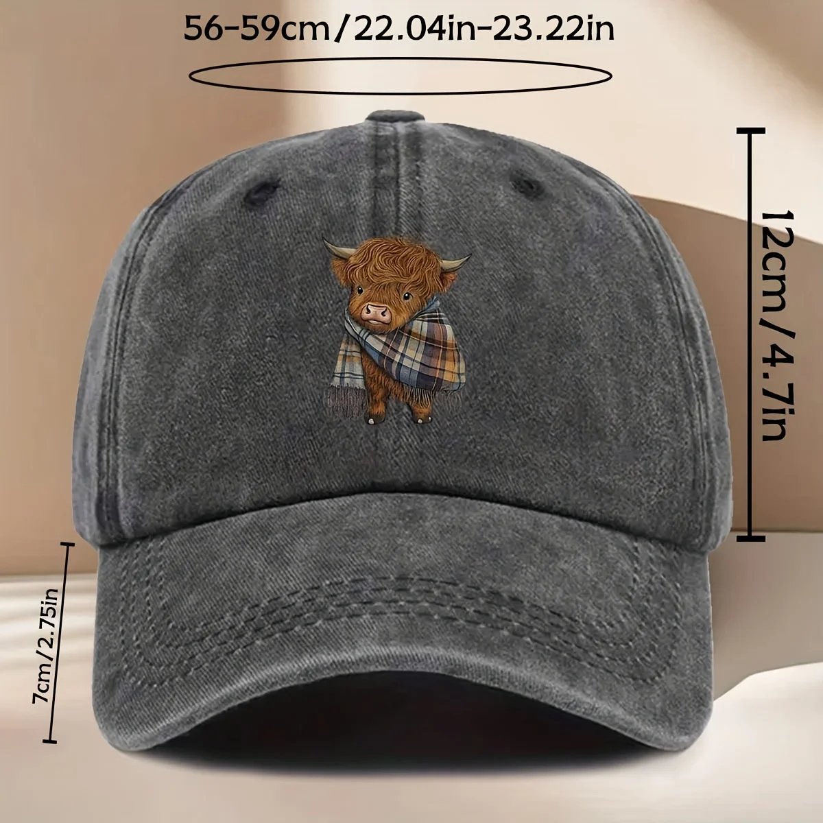 A Baseball Cap Featuring a Cartoon Design of a Highland Cow Wearing a Scarf, Perfect for Casual And Cute Styles. This Unisex Cap