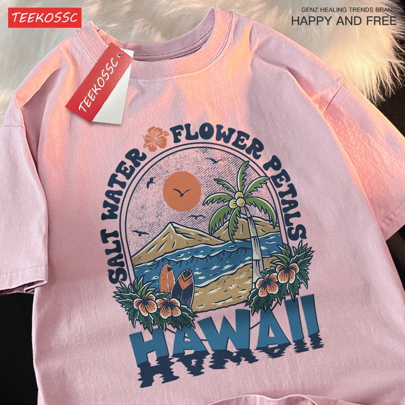 Salt Water Flower Petals Hawaii Clothes Men Women Harajuku Summer Tshirt Cartoon Cotton T-Shirt Fashion Breathable Couple Tops