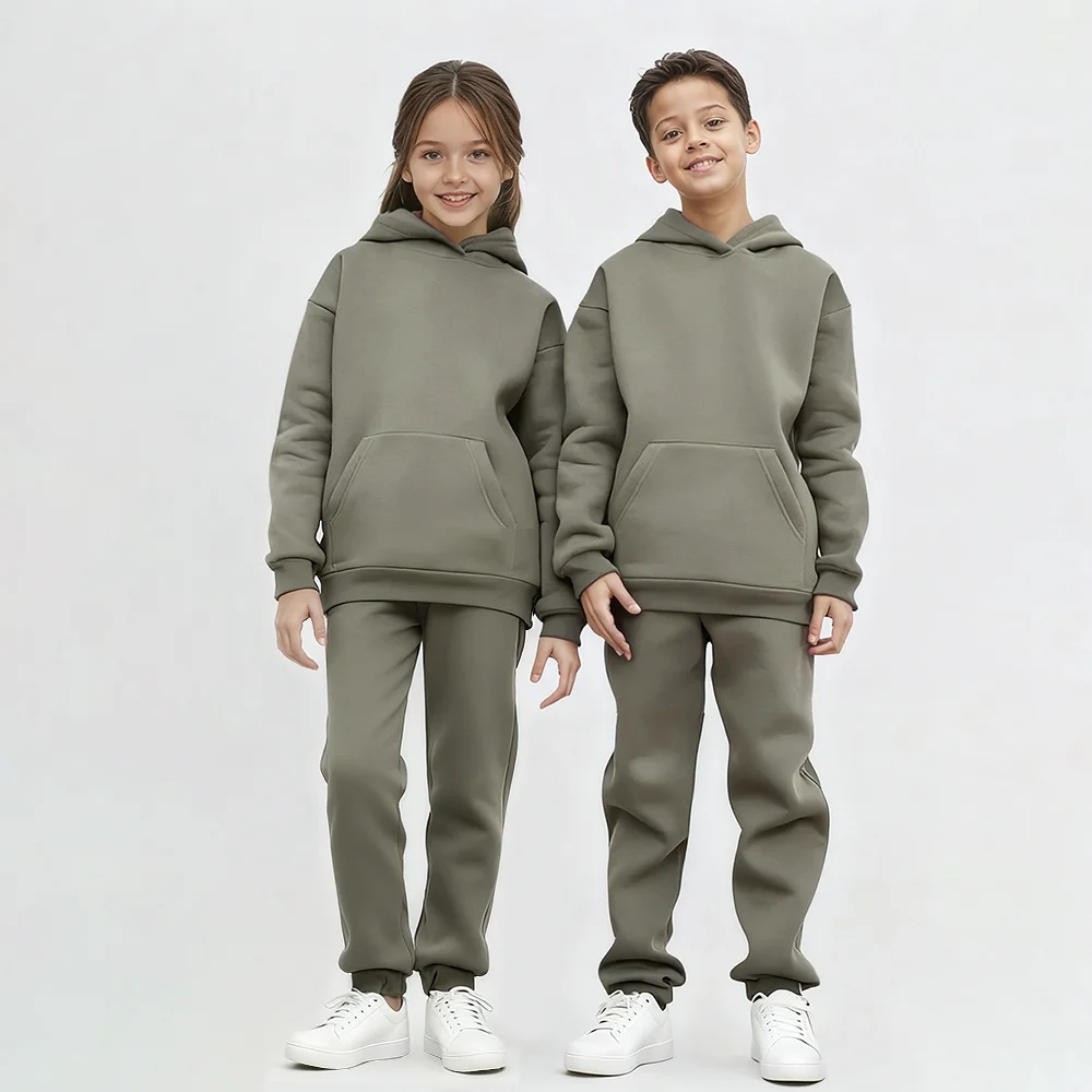 1-8Y Kids Casual Tracksuits for Autumn Winter Fleece Lined Long Sleeve Hoodie Top + Pant Toddler Clothes Set