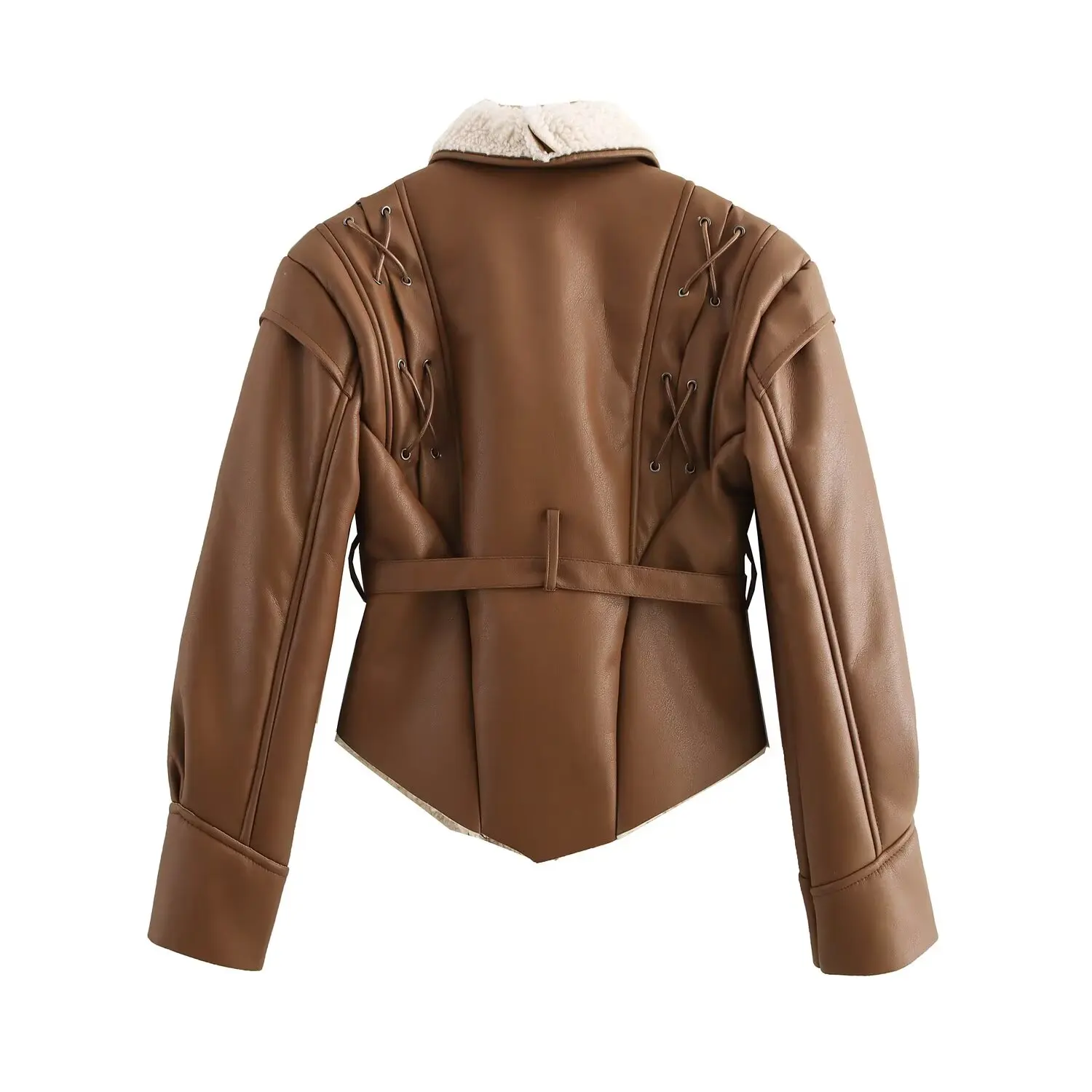 JNLEAOG خريف جديد للمرأة Faion غير النظامية مربوط الدفء الجلود الفراء ملابس خارجية متكاملة Jaet الوقوف البوليستر #5