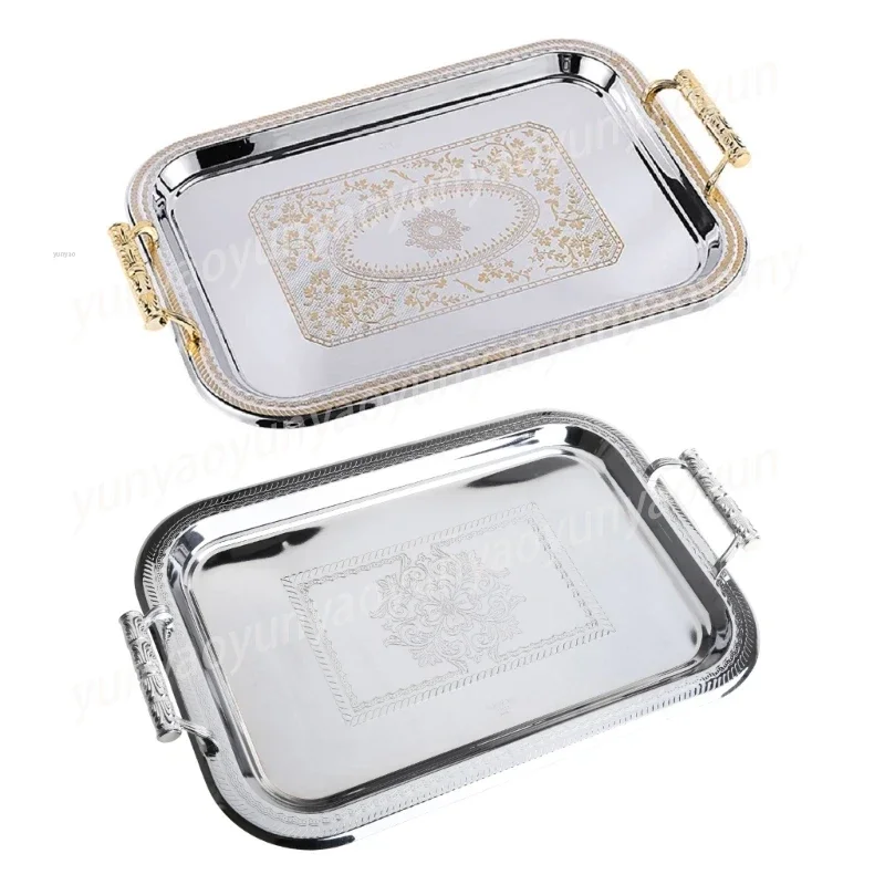 Stainless Steel Serving Tray with Handles Elegant Rectangular Coffee Bar Holder Dessert Display Plate Home Decor