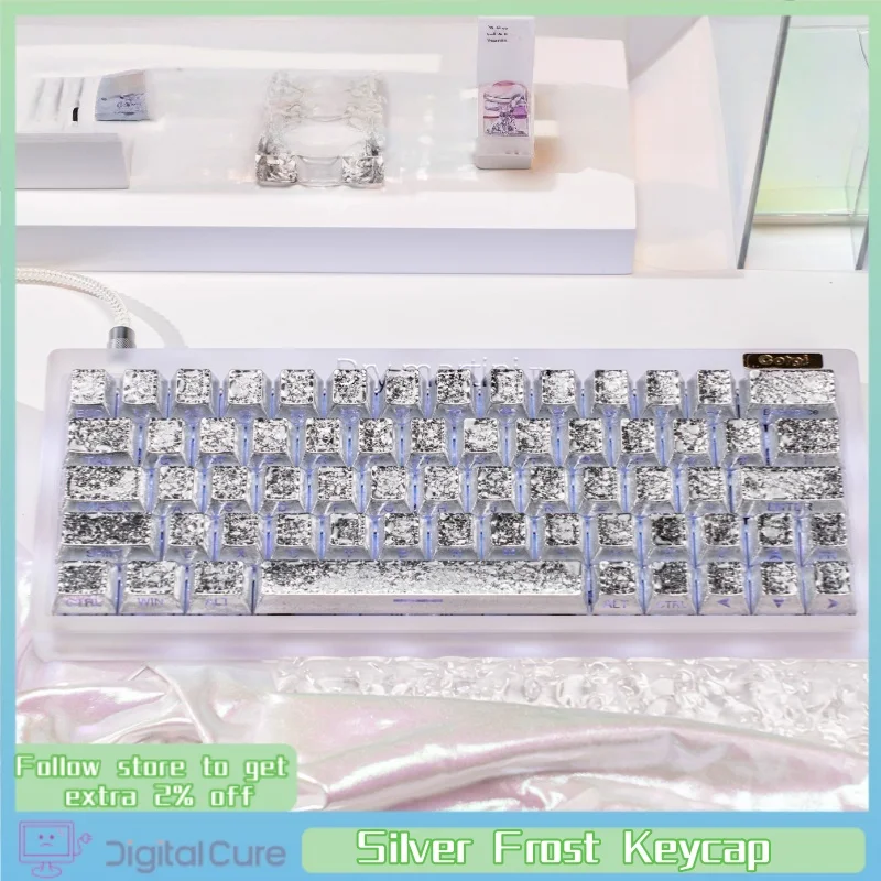 

Серебряный морозный колпачок Cherry Height ПК Frost Fantasy с металлической текстурой и боковой гравировкой, прозрачный механический колпачок для клавиатуры 61, 68, 75