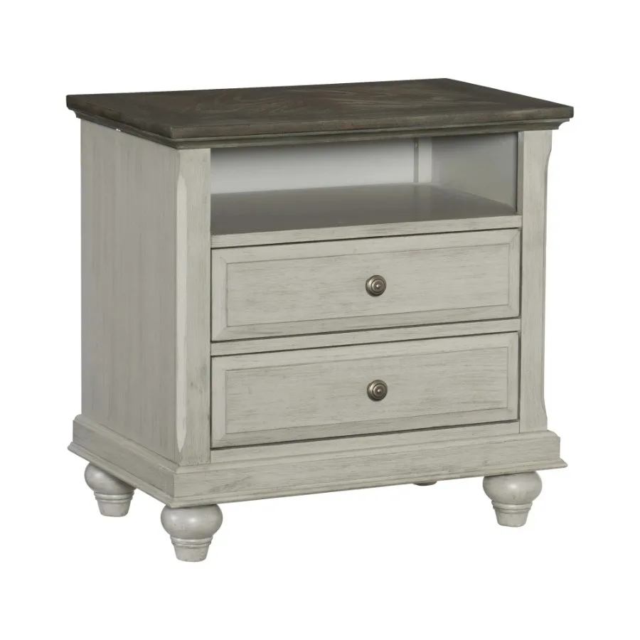 

Classic Light Gray Finish 1pc Nightstand with 2x Drawers and Storage Cubby Dark Brown Top Modern Farmhouse Design Bedroom Furni