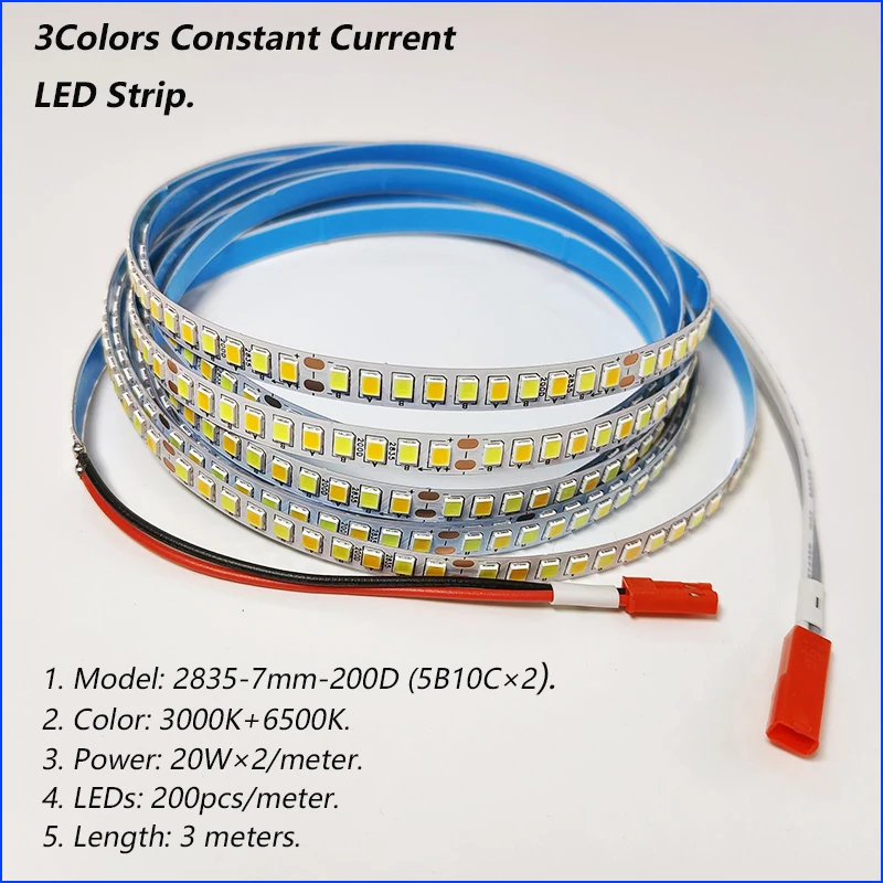 Faixa LED de corrente constante para reparar lustres, fita, cores duplas, 2835-200D-7mm, 5B10C × 2, 3000K + 6500K, 3 metros