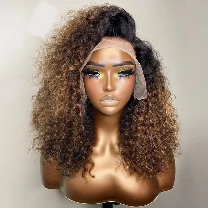 

Soft Long 26“Ombre Brown Kinky Curly180Density Lace Front Wig For Black Women BabyHair Glueless Preplucked Heat Resistant Daily