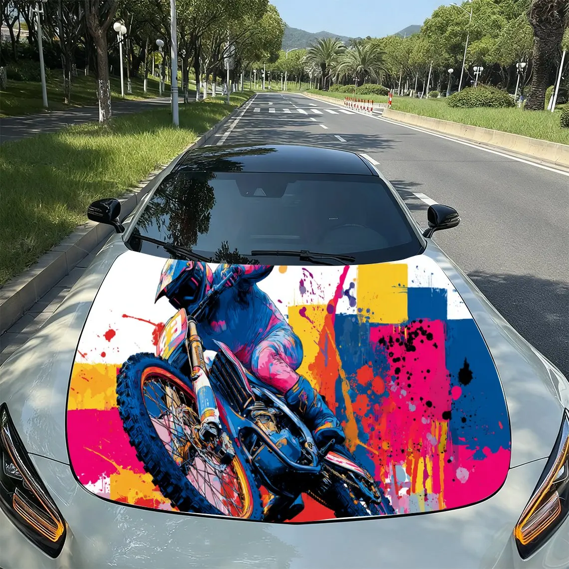 Motocross Color-Block Dominant PVC Car Hood Wraps, Self-Adhesive Waterproof Car Bonnet Decal Sticker, Car Decoration Protection
