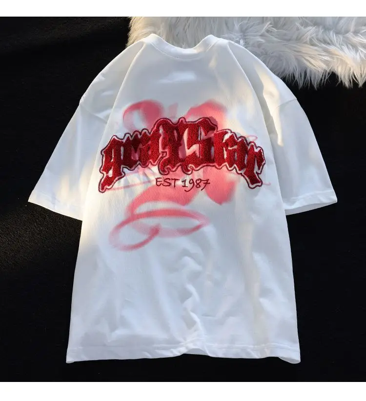 

American fashion trend high-quality Harajuku street letter embroidery O-neck loose T-shirt women's summer short-sleeved y2k tops