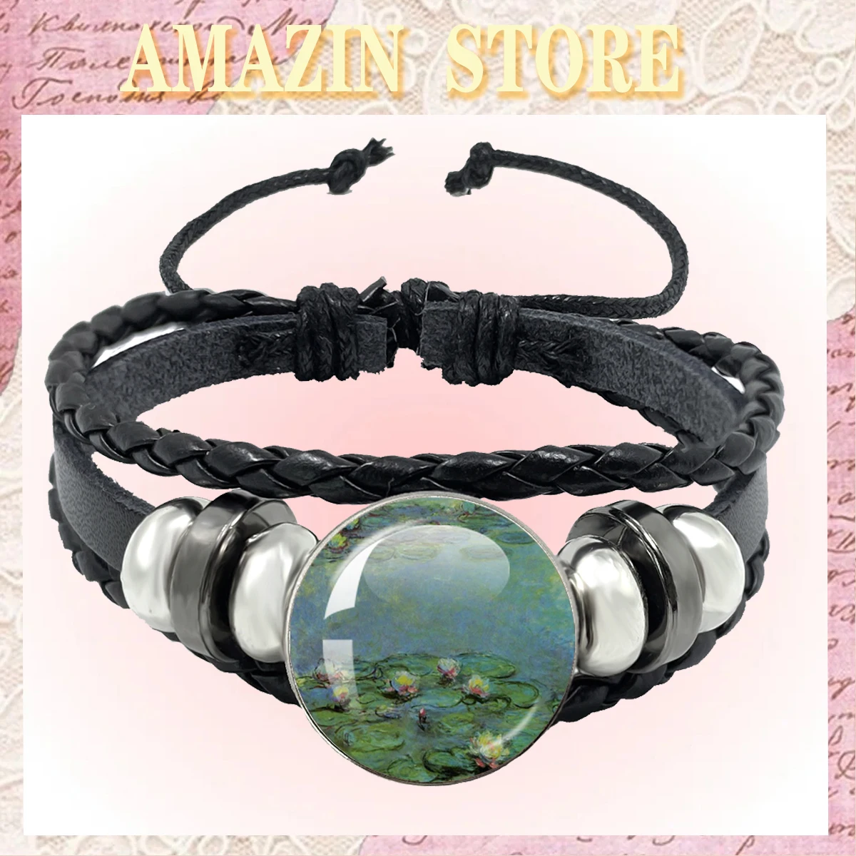 Claude Monet Water lily Paintings Tear Drop Art Leather Rope Bracelet Glass Cabochon Jewelry Handmade Items JD050