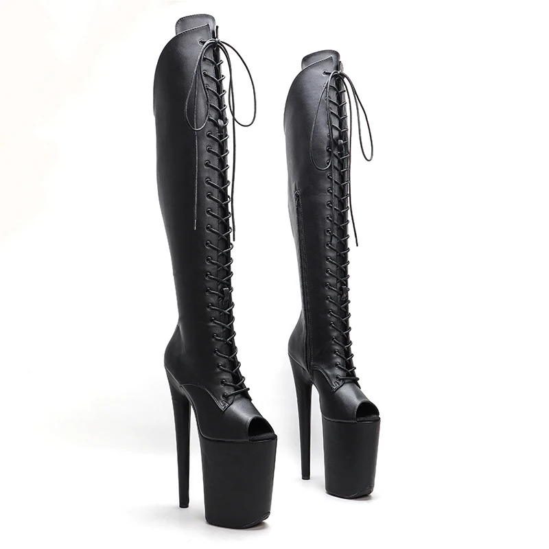 Leecabe 23CM/9inches  matte PU upper Sexy boots Open Toe High Heels Platform Pole Dance shoes  knee high boots  5B