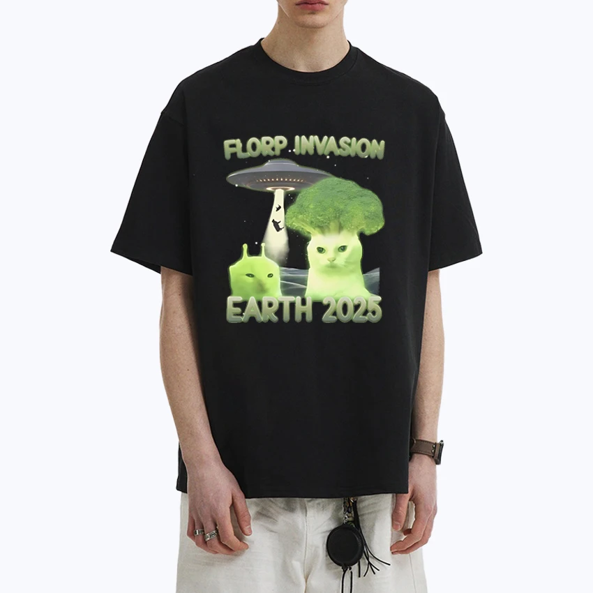 

2025 Florp Invasion Earth Funny Alien Brainrot Cat Dank Meme short sleeve t-shirts 100% Cotton Men Women T shirt Unisex Tops