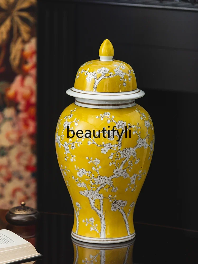 

Yellow ceramic vase flower arrangement peony living room blue and white porcelain new Chinese entrance ornament