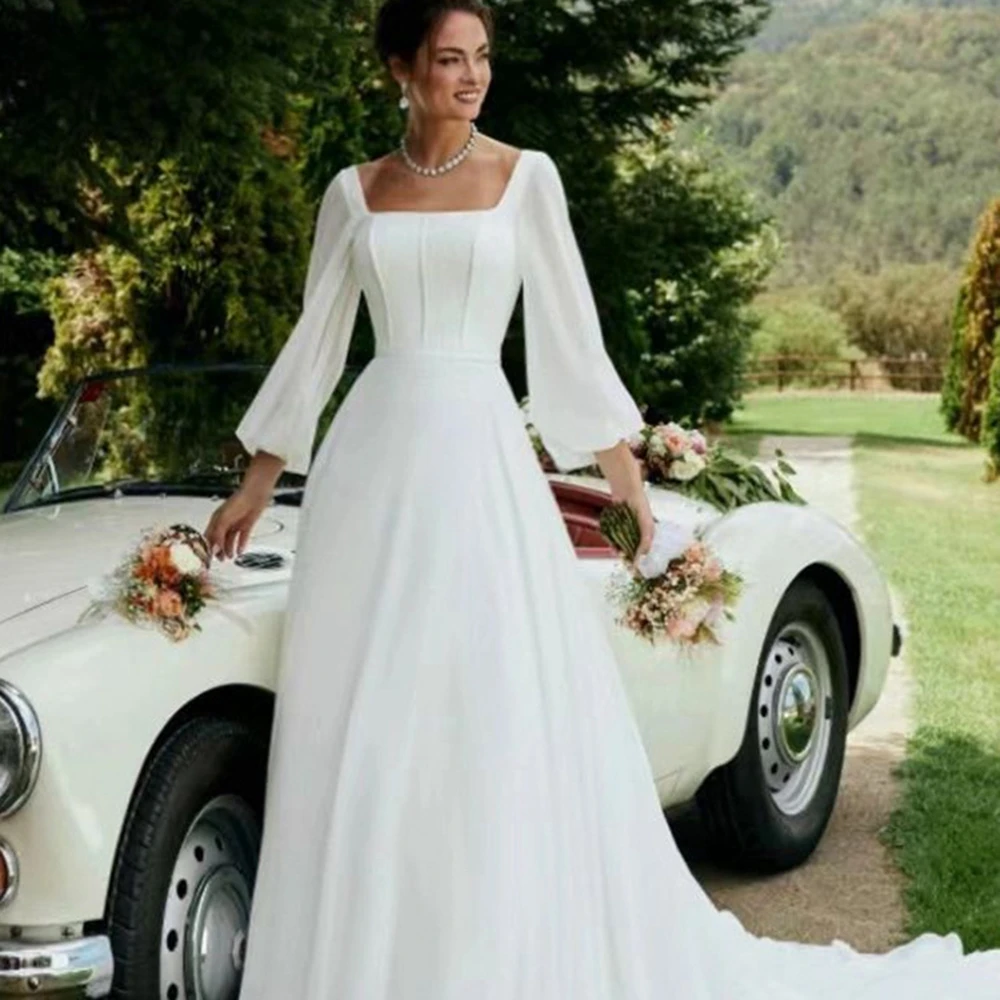 Chiffon Wedding Dress Square Collar Wedding Dresses Backless A-LINE Simple Wedding Dress with Sweep Train Customized