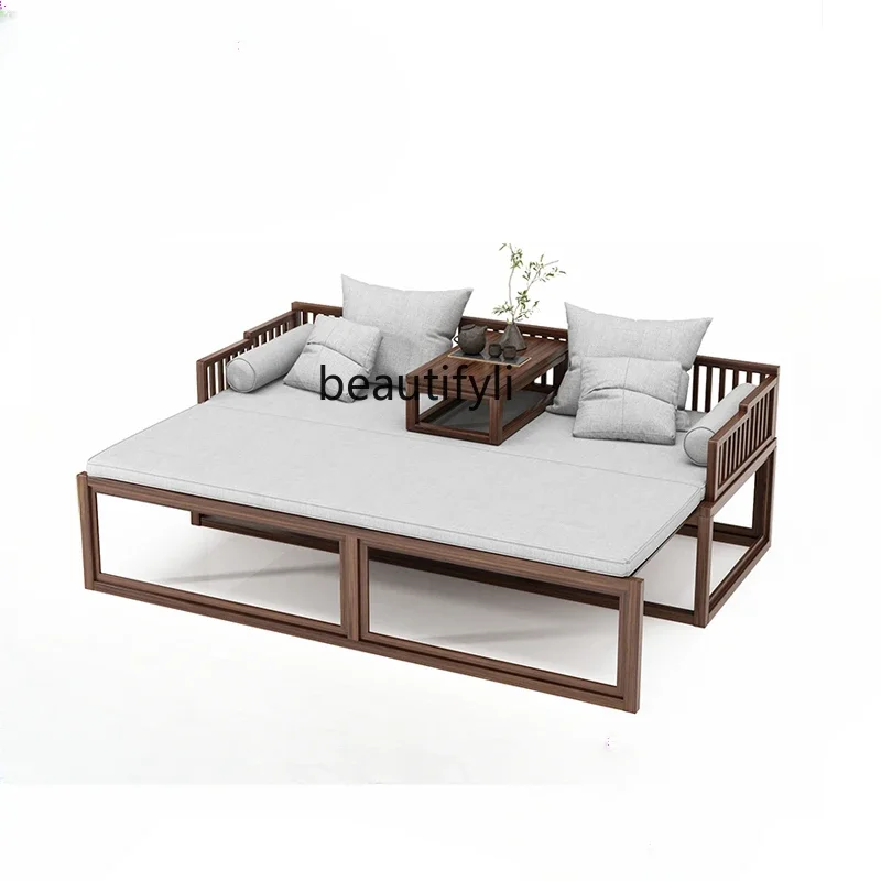 

New Chinese solid wood Arhat bed living room retractable push-pull bed sofa dual-purpose chaise longue modern simple couch