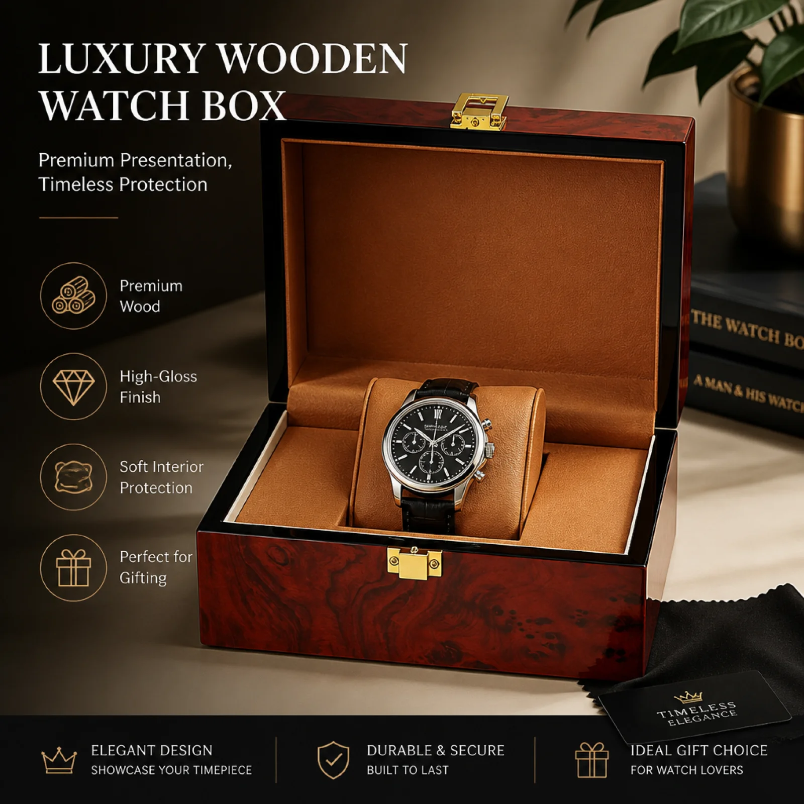 Vintage Luxury Watch Box Wine Red Natural Wooden Jewelry Wristwatch Display Box Travel Jewelry Organizer Showcase Birthday Gift