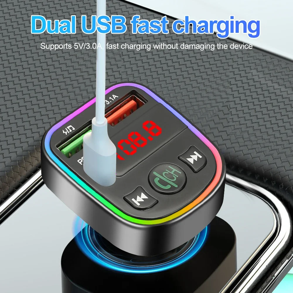 Kebidumei Car Bluetooth 5.0 FM Transmitter PD Type-C Dual USB 3.1A Colorful Ambient Light Handsfree MP3 Modulator Player