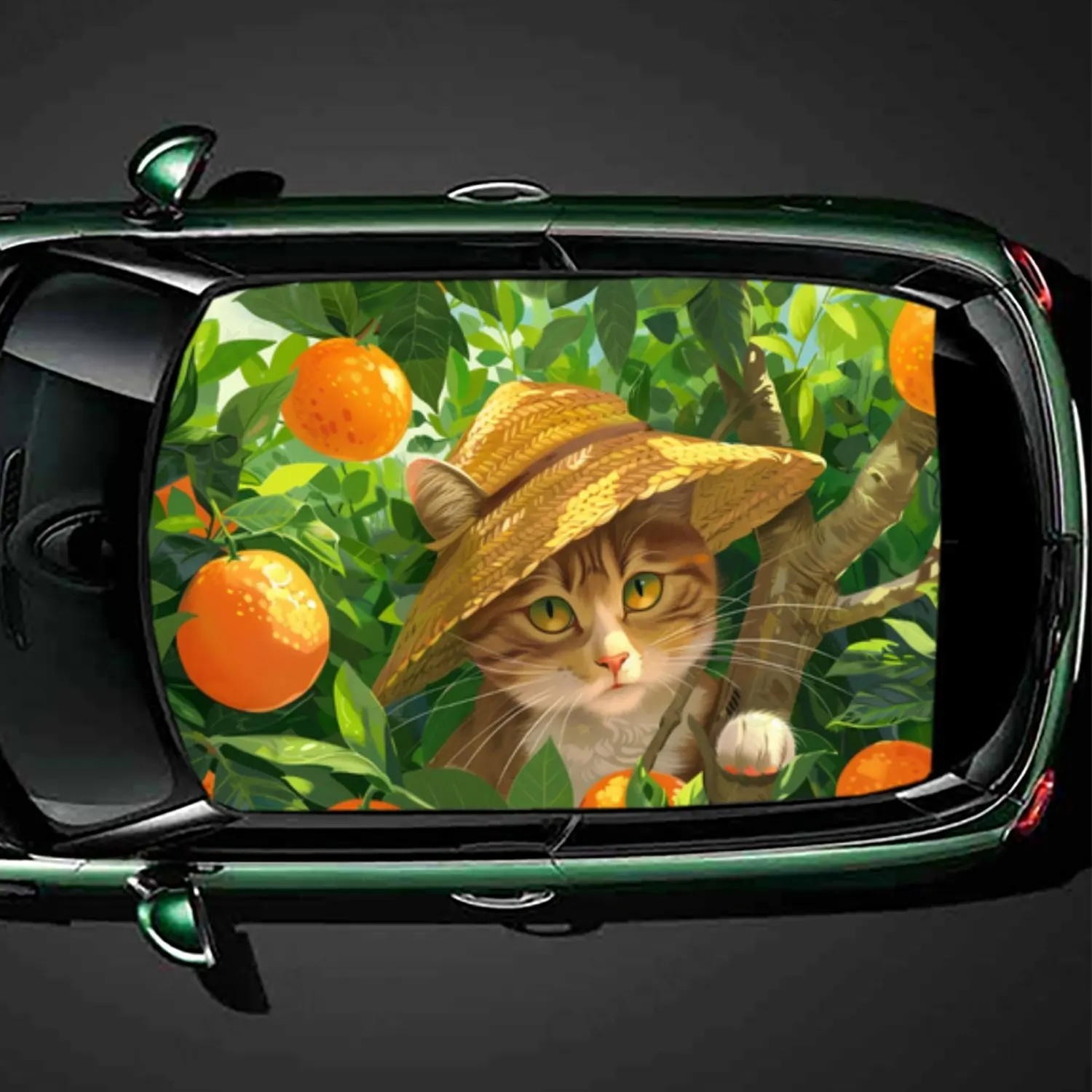 

Cute Cat with Straw Hat Fruits Car Roof Sticker PVC Self Waterproof stick , Striking Auto Exterior Accessories Decoration Prote
