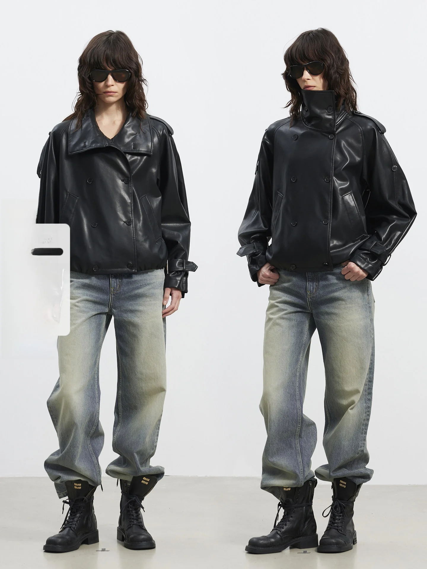 

TAN Retro Sle ort Leather Jaet Bla Biker Coat Stand Collar Design Loose Fit Women's Faion Outerwear